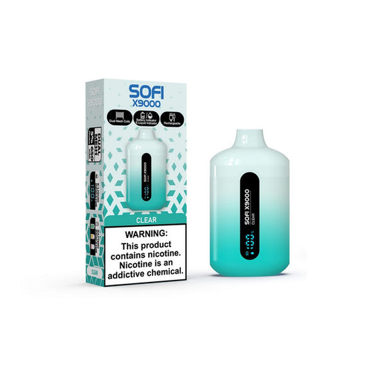 SOFI X9000 CLEAR RECHARGEABLE DISPOSABLE WITH DIGITAL JUICE/BATTERY LEVEL SCREEN (9000 PUFF)