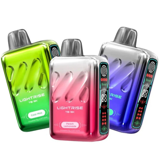 LIGHT RISE TB 18K PUFF RECHARGEABLE DISPOSABLE WITH ANIMATED JUICE/BATTERY LEVEL TOUCH BUTTON SCREEN  & TRIPLE MODE FEATURE